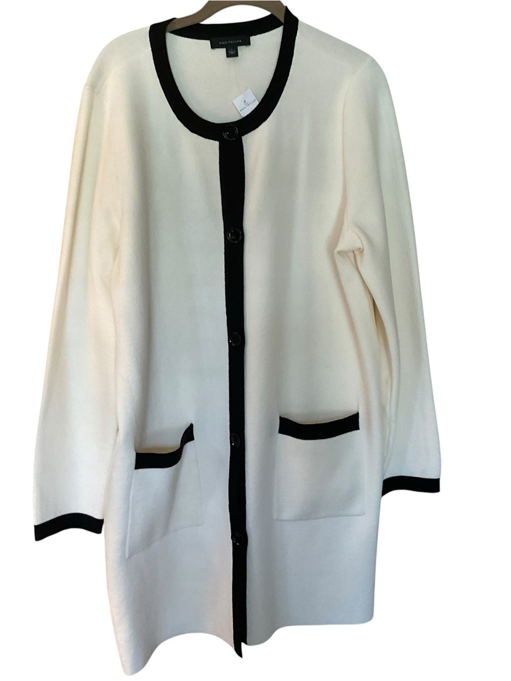 Ann Taylor NWT Longline Contrast Trim Cardigan Sweater Ivory Black Size Larg - Picture 2 of 8
